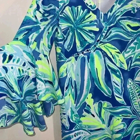 Lilly Pulitzer Rosalia Beckon Blue Palm Passage Crepe Flounce Sleeves size 6 - Picture 5 of 13
